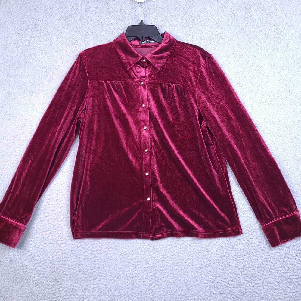 SHEIN Womens Burgundy Velvet Button Down Shirt Metal Buttons Long Sleeve